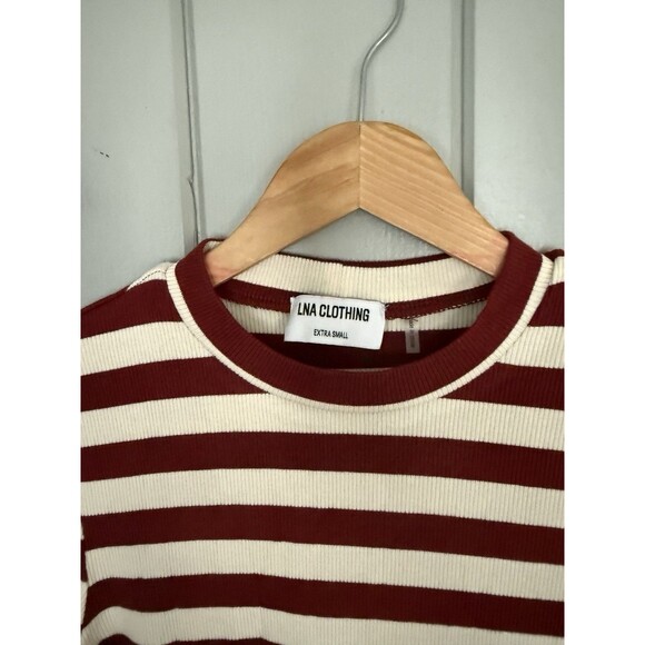LNA Clothing Top XS Burgundy Cream Striped Rayon Blend Ribbed Crew Neck L/S - Picture 4 of 7